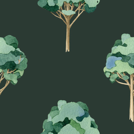 Hand drawn leafy forest seamless pattern element. Painted trees on dark green background. Eucalyptus...