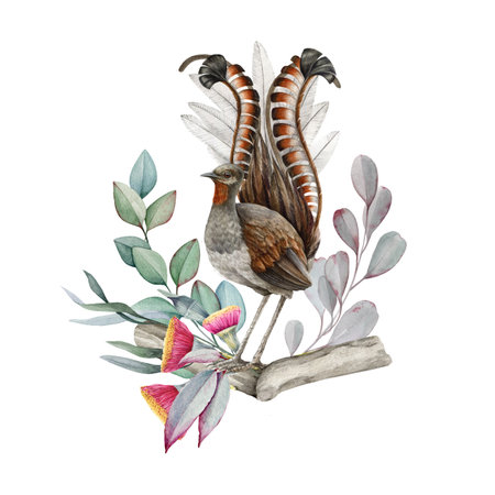 Lyrebird with eucalyptus leaf floral decor watercolor illustration. Australia native endemic wildlife bird. Australian lyrebird flower decoration design element on white backgroundの写真素材