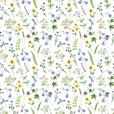 Meadow flowers seamless pattern decor element. Hand drawn watercolor vintage style illustration. Elegant wildflowers, chamomile, bluebell flowers, bumble bee and dragonflies on white backgroundの写真素材