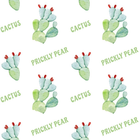 Prickly pear cactus seamless pattern hand drawn watercolor illustration. Opuntia cactus natural...