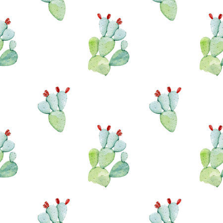 Prickly pear cactus on white background seamless pattern. Hand drawn watercolor illustration. Opuntia cactus natural desert plant seamless pattern design elementの写真素材