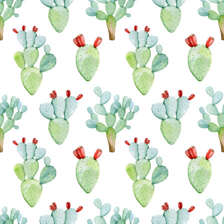 Prickly pear cactus seamless pattern hand drawn vintage style watercolor illustration. Opuntia...
