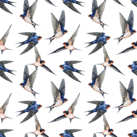 Flying swallow birds seamless pattern element. Watercolor painted illustration. Cute barn swallow various poses with spread wings on white background. Wildlife martin birds vintage style decorationの写真素材