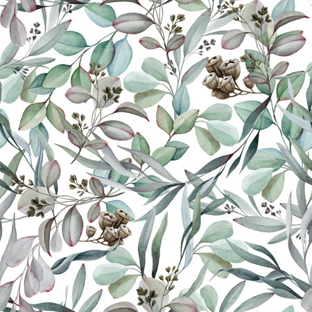 Eucalyptus leaves seamless pattern on white background. Hand drawn watercolor illustration. Eucalyptus branches, twigs, leaf healthy plant seamless pattern design element for printing, packagingの写真素材