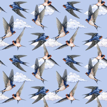 Flying swallow birds seamless pattern element. Watercolor painted illustration. Cute barn swallow various poses with spread wings, blue sky, white clouds background vintage style bright decorationの写真素材