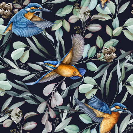 Kingfisher birds with eucalyptus leaves decor seamless pattern element on dark background. Watercolor hand drawn realistic illustration. Bright birds on eucalyptus leaves background seamless pattern.の写真素材