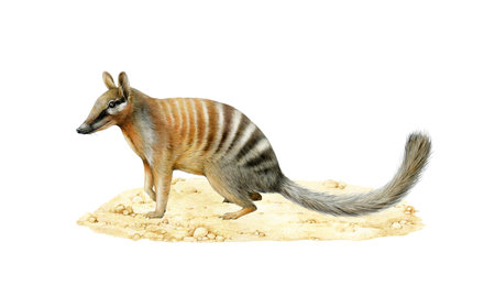 Numbat Australia native animal watercolor illustration. Myrmecobius fasciatus Australian marsupial endemic mammal isolated on white background. Numbat side view standing on sandy groundの写真素材