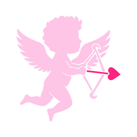 A pink silhouette of a cupid with wings is flying and aiming a bow and arrow with a heart-shaped...