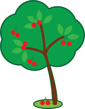 cartoon of a cute cherry tree with a fallen cherry on the ground representing naturally ripen seasonal fruit  No gradients used, isolated on white のイラスト素材