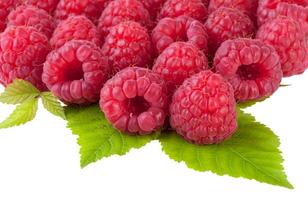 group of raspberry with leafs on white backgroundの写真素材