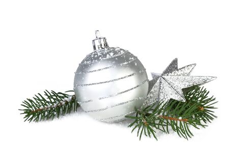 christmas decoration in silver color, isolated on white backgroundの写真素材