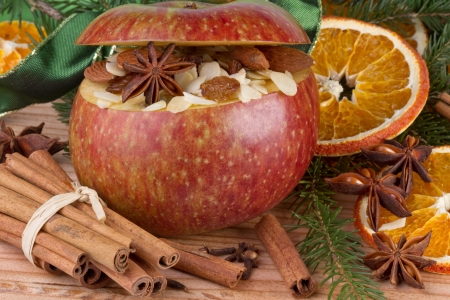 baked apple on wooden backgroundの写真素材