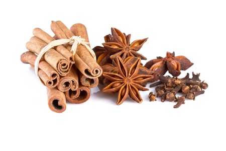 anise, cinnamon and carnation isolated on white backgroundの写真素材