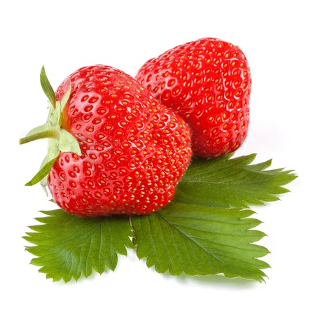 fresh strawberry with leaf isolated on white の写真素材