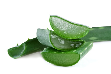 aloe vera leaf and slices isolated on white backgroundの写真素材