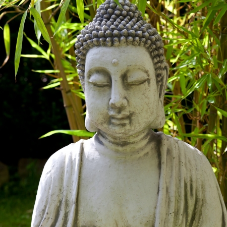 Buddha sculpture with bamboo leaves in background, squareの写真素材