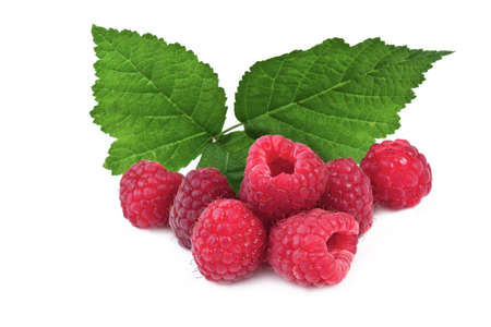 ripe raspberries with leaves isolated on white backgroundの写真素材