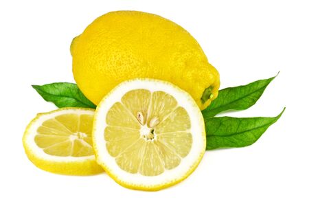 fresh lemon with leaves isolated on whiteの写真素材