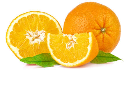 close up of orange with leaves, isolated on whiteの写真素材