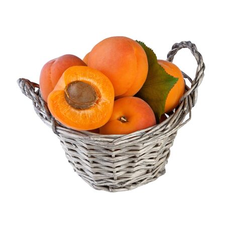 apricots in basket isolated on white background, squareの写真素材