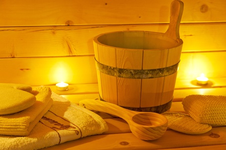 interior of sauna and sauna accessoriesの写真素材