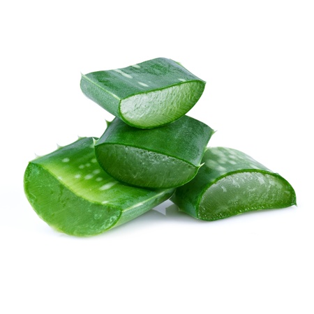 aloe vera leaf and slices isolated on white backgroundの写真素材