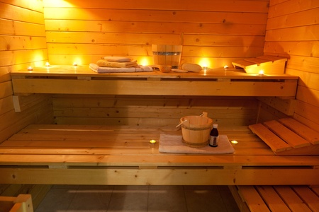 interior of a finnish sauna in candle lightの写真素材