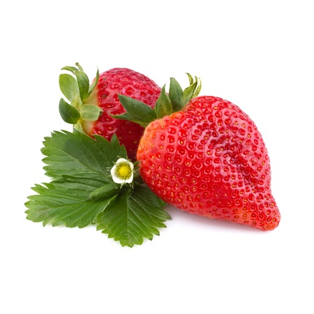 strawberry with leaf isolated on white background の写真素材