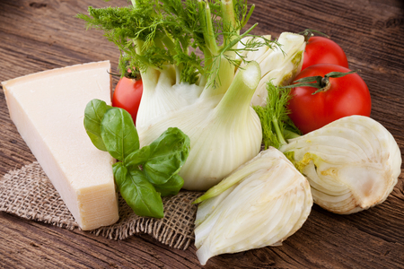 Fennel with tomatoes, cheese and basilの写真素材