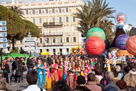 NICE, FRANCE - FEBRUARY 26: Carnival of Nice in French Riviera.The theme for 2013 was King of the five continents. Nice, France - Feb 26, 2013のeditorial素材