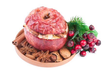 Baked Apple with Christmas Spices isolated on whiteの写真素材