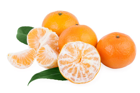 peeled tangerine mandarin fruits isolated on whiteの写真素材