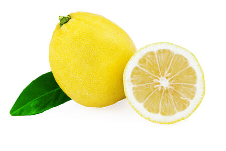 lemon fruit half leaf isolatedの写真素材