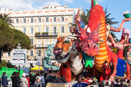 NICE, FRANCE - FEBRUARY 26: Carnival of Nice in French Riviera. This is the main winter event of the Riviera. The theme for 2013 was King of the five continents. Nice, France - Feb 26, 2013のeditorial素材