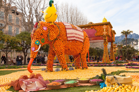 MENTON, FRANCE - FEBRUARY 27: Lemon Festival (Fete du Citron) on the French Riviera.Thousands of lemons and oranges are used to build huge citrus constructions. Menton, France - Feb 27, 2013のeditorial素材
