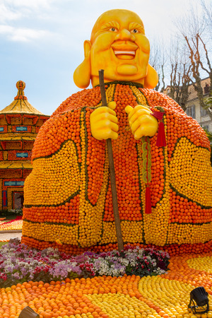 MENTON, FRANCE - FEBRUARY 20: Lemon Festival (Fete du Citron) on the French Riviera.The theme for 2015: Tribulations of a lemon in China. Thousands of lemons and oranges are used to build huge citrus constructions. Menton, France - Feb 20, 2015のeditorial素材