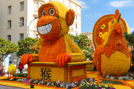 MENTON, FRANCE - FEBRUARY 20: Art made of lemons and oranges in the famous Lemon Festival (Fete du Citron). The famous fruit garden receives 160,000 visitors a year. Menton, France - Feb 20, 2015のeditorial素材