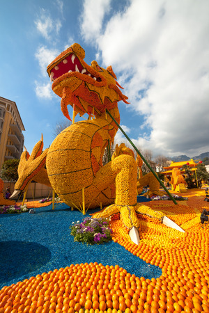 MENTON, FRANCE - FEBRUARY 20: Lemon Festival (Fete du Citron) on the French Riviera.The theme for 2015: Tribulations of a lemon in China. Menton, France - Feb 20, 2015のeditorial素材
