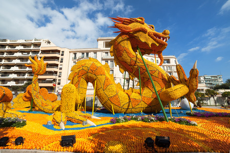 MENTON, FRANCE - FEBRUARY 20: Lemon Festival (Fete du Citron) on the French Riviera.The theme for 2015: Tribulations of a lemon in China. Menton, France - Feb 20, 2015のeditorial素材