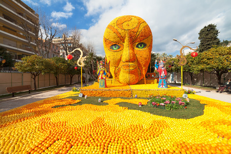MENTON, FRANCE - FEBRUARY 20: Art made of lemons and oranges in the famous Lemon Festival (Fete du Citron). The famous fruit garden receives 160000 visitors a year. Menton, France - Feb 20, 2015のeditorial素材