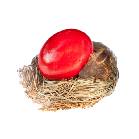 red easter egg in a bird nestの写真素材