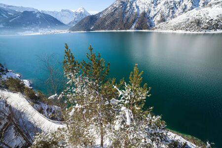 Mountain lake winter landscape, Alps, Achensee, Austriaの写真素材