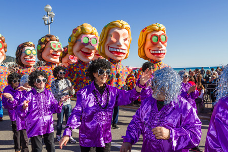 Nice, France - February 22, 2015: Participants in the carnival parade in Nice. The theme for 2015 was King of Music.The Carnival of Nice is an annual event.のeditorial素材