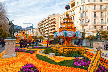 MENTON, FRANCE - FEBRUARY 27, 2013: 80th Lemon Festival Fete du Citron in Menton on French Riviera.The theme for 2013 was Around the World in 80 Days: Menton, the Secret Stop.のeditorial素材