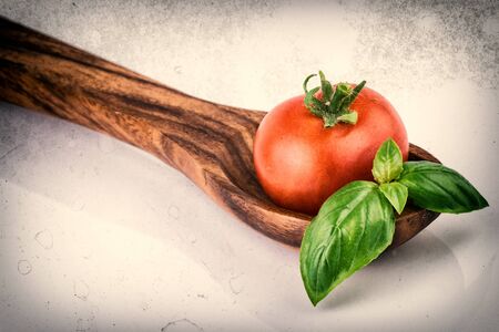 Vintage Tomato on wooden spoon retro styleの写真素材