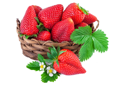 Basket of strawberries closeup. Isolated on white background.の写真素材