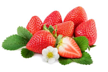 Strawberry. Organic strawberries with leaves and plant flower isoalted on white.の写真素材