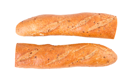Baguette diet whole grain baguette two half halves isolated on whiteの写真素材