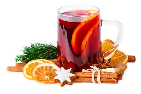 Mulled wine Christmas punch spices on whiteの写真素材