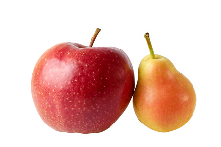 Red Apple Yellow Pear Fruits On Whiteの写真素材